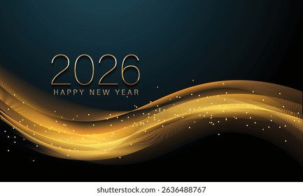 2026 New year with Abstract shiny color gold wave design element and glitter effect on dark background. For Calendar, poster design