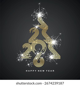 2026 New Year abstract white golden Christmas tree made by multiply line design 2026 year numbers shining sparkle firework black background greeting card