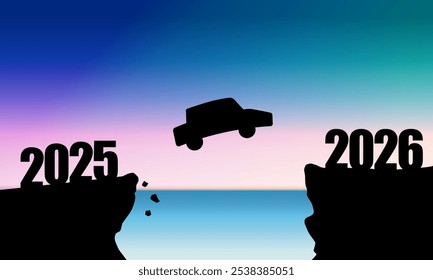 2026 Año Nuevo Diseño de fondo con ilustración de un coche salta de tierra con 2025 escrito en él para aterrizar con 2026 escrito en él. Ilustración vectorial