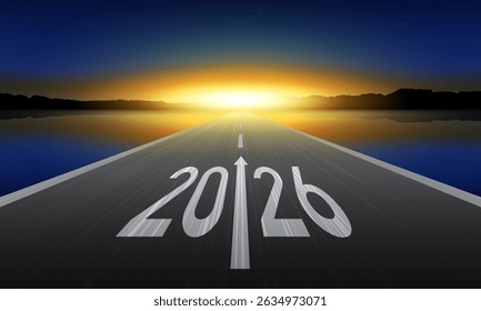 2026 New Year Background Design. Text 2026 written on the road in the middle of asphalt road at sunrise. Vector Illustration