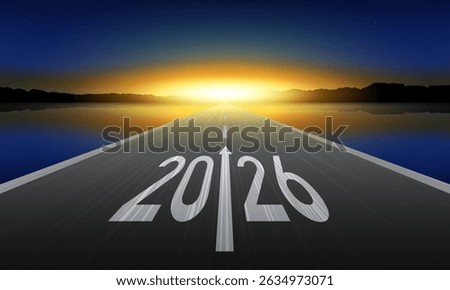 2026 New Year Background Design. Text 2026 written on the road in the middle of asphalt road at sunrise. Vector Illustration