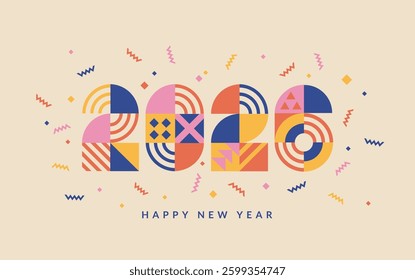 2026 New Year banner with numbers from simple geometric shapes and figures inside confetti. Template for greeting card, invitation, poster, flyer, web. Vector illustration isolated on background.