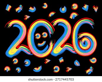 2026 Ano Novo Pincelada Tipografia Traço - Mão Colorido Pintado Celebração Texto