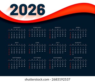 2026 new year calendar template with wavy line vector