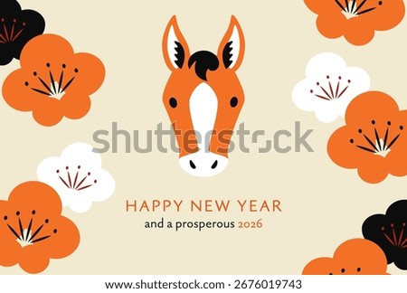 2026 New Year Card design. Abstract horse face and plum blossom. 2026 is horse year.