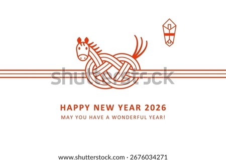 2026 New Year Card design. Cute cartoon horse  Mizuhiki style. with Noshi.  Mizuhiki is Japanese celebration ribbon and Noshi is traditional decoration. 