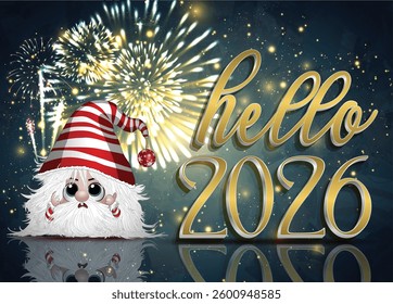 2026 New Year card designed with a cute character and fireworks against a blue backdrop