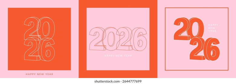 2026 New Year card set, thin line 3D number, colorful poster