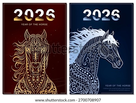 2026 New Year cards set with hand drawn ornamental horse head with decorative floral patterns. Year of the Horse design on red and blue background. Posters for Chinese zodiac and Xmas celebration