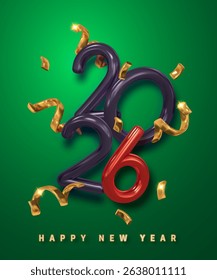 2026 New Year Celebration With Bold 3D Numbers, Red And Black Glossy Style, Gold Ribbons, And Green Background. Festive Modern Design For Holiday Greeting. Vector Illustration.