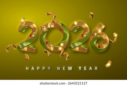 2026 New Year Celebration Design with Shiny Gold and Green 3D Numbers, Confetti, and Festive Lights on a Bright Background. Vector Illustration.