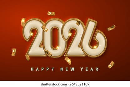 2026 New Year Celebration with Golden Numbers, Sparkling Lights, and Flying Confetti on Red Background. Festive Party Design for Holiday Greeting. Vector Illustration.