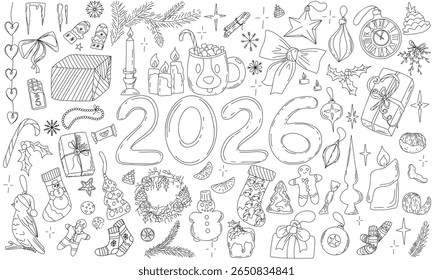 2026 New Year and Christmas Banner. Happy new Year and Merry Christmas doodle horizontal composition. Hand drawing festive vector illustration. Holiday greeting postcard design