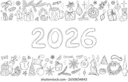 2026 New Year and Christmas Banner. Happy new Year and Merry Christmas doodle horizontal composition. Hand drawing festive vector illustration. Holiday greeting postcard design