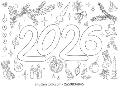 2026 New Year and Christmas Banner. Happy new Year and Merry Christmas doodle composition. Hand drawing festive vector illustration. Holiday greeting postcard design