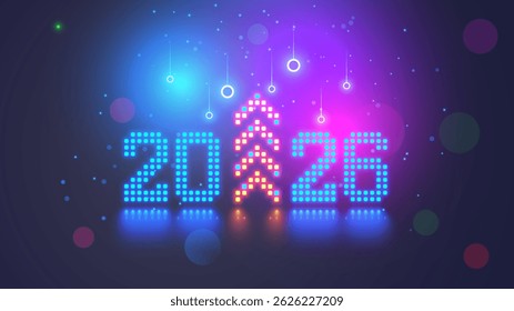 2026 New Year and Christmas in tech style. 20 26 digits consist of neon dots or pixels. 2026 New Year card digital technology. 2026 text with Christmas tree at up arrow. 2026 design card or calendar.