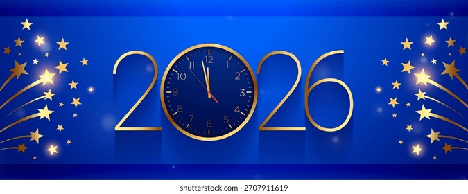 2026 new year clock banner with sparkling stars decor vector