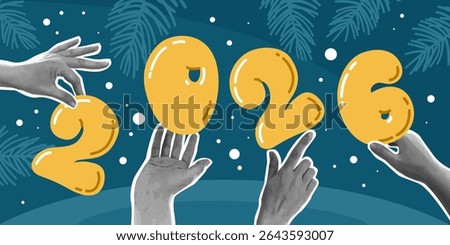 2026 New Year. Collage with Snow and halftone hands holding 2026 numbers. Winter season. Holiday background design for website, greeting card or poster. Vector Illustration 