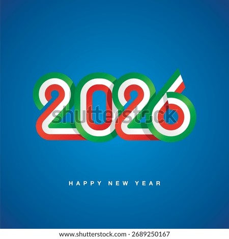 2026 New Year compact green white red Italy ribbon flag numbers design on blue background. New Year 2026 concept template greeting card