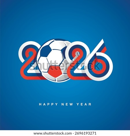 2026 New Year compact white blue red Slovakia ribbon flag numbers design with soccer ball on blue background. New Year 2026 concept template greeting card