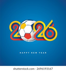 2026 Año Nuevo compacto amarillo azul rojo Colombia diseño de números de la bandera de la cinta con balón de fútbol sobre fondo azul. Tarjeta de felicitación de la Plantilla del concepto del año Nuevo 2026