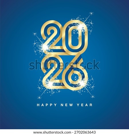 2026 New Year continuous abstract ribbon. Abstract golden blue ribbon flag in the shape of 2026 logo with sparkle firework. New Year concept greeting card