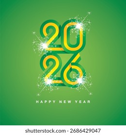 2026 Año Nuevo continuo Brasil cinta. Bandera Abstractas verde amarilla de Brasil en forma de logotipo de 2026 con fuegos artificiales brillantes. Tarjeta de felicitación del concepto del año Nuevo