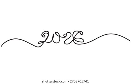 2026 Año Nuevo Línea continua Dibujo en blanco y negro. Línea continua 2026 Año Nuevo Tipografía Arte Diseño minimalista