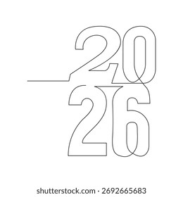 2026 New Year continuous one line art  drawing vector illustration. 