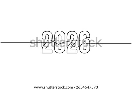 2026 New Year continuous one line drawing vector illustration. Editable stroke, for minimal and modern design.