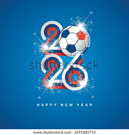 2026 New Year continuous Slovakia ribbon numbers. Abstract white blue red flag of Slovakia in the shape of 2026 with soccer ball and sparkle firework. New Year sport concept greetings
