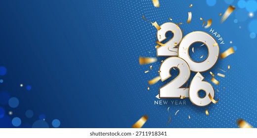 Fondo azul punteado abstracto creativo del año nuevo 2026 con confeti dorado