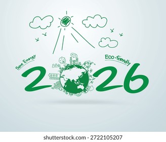 2026 Año Nuevo Creativo Dibujo Familia Feliz Ambiental Concepto de Ideas Ecológicas, Diseño de Elementos de Ilustración vectorial