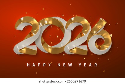 2026 New Year Design Featuring White and Gold 3D Numbers With Confetti on a Red Background for a Festive and Elegant Holiday Greeting. Vector Illustration.