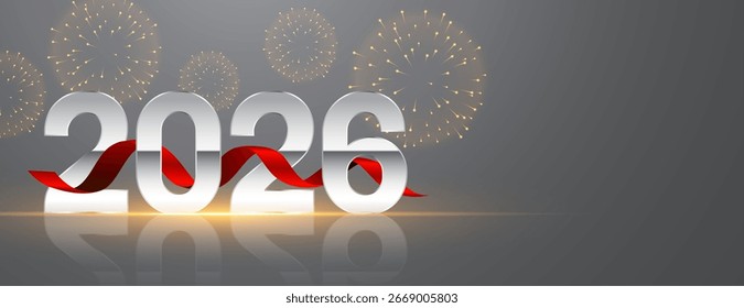 Anuncio de fuegos artificiales de Año Nuevo 2026 con Vector de espacio de texto