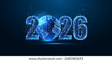 2026 New Year futuristic vector illustration featuring a glowing Earth globe with digital wireframe and neon blue tech lines on dark background. Web banner, greeting card template