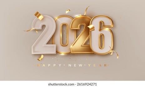 2026 New year. Holiday Banner with Numbers Date 2026 and Christmas decoration confetti. Holiday greeting card design.