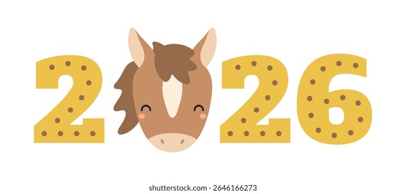 2026 New Year horseshoe text, cute cartoon horse face isolated. Flat vector illustration. Asian zodiac sign, animal character. Chinese Lunar New Year kawaii holiday card, banner, design element