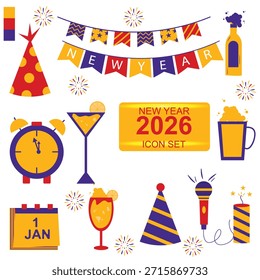 2026 Nuevo año conjunto de iconos cuenta con un despertador, cóctel, vaso de cerveza, decoraciones de fiesta, 