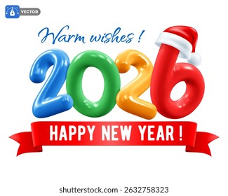 2026 New Year Logo with 3d realistic glossy plastic multicolored numbers 2026, red ribbon and Santa Hat, isolated on white background. Cute label Happy New Year 2026. Vector illustration