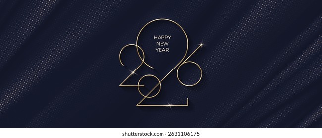 2026 new year logo on black fabric abstract waves background. New year luxury greeting design for poster, flyer, invitation, postcard, advertising.