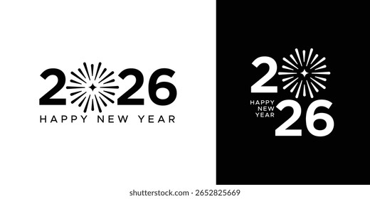 2026 Neujahrs-Logo oder Typografie mit Radial Burst oder Feuerwerk auf weißem Hintergrund