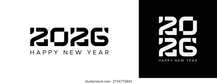 Logotipo o tipografía del año Nuevo 2026 con dígitos abstractos modulares en blanco y negro, tema futurista geométrico audaz 2026 póster sobre fondo blanco y negro en dos estilos de diseño