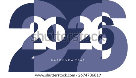 2026 New Year Number Design. Modern negative space set of numbers. Navy blue and white vector illustration on abstract blue white 2026 background