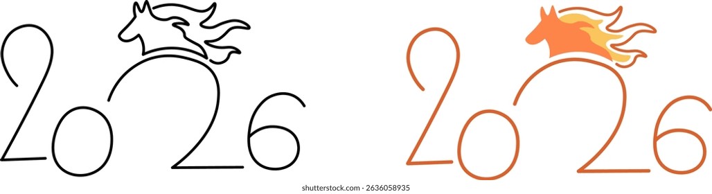2026 new year number in doodle. Year of fire horse illustration for decoration design mail posts postcards poster print invitation background backdrop wrapping wallpaper banner textile