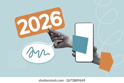 2026. New Year. Poster for 2026. Collage. Year. Celebrate New Year. Advertisement. Modern digital collage series featuring “2026” with abstract hands and geometric shapes in a minimalist style.
