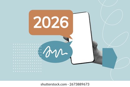 2026. Año Nuevo. Afiche para 2026. Collage. Año. Celebra el Nuevo Año. Publicidad. Moderna serie de collage digital con “2026” con manos abstractas y Formas geométricas en un estilo minimalista.