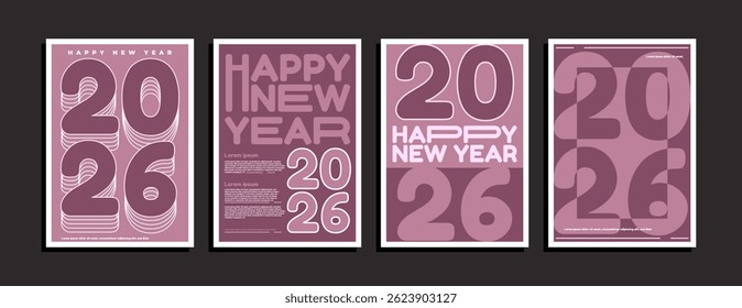 2026 New Year posters with abstract designs and typography. Vector logo for celebrations and seasonal decorations. Suitable for branding, banners, covers, cards, and social media backgrounds.