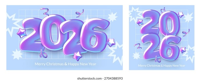 2026 cartazes de Ano Novo definido com números holográficos 3d estrelas e fogos de artifício. Texto de gradiente metálico roxo e azul no plano de fundo do estilo moderno y2k. Ilustração vetorial.