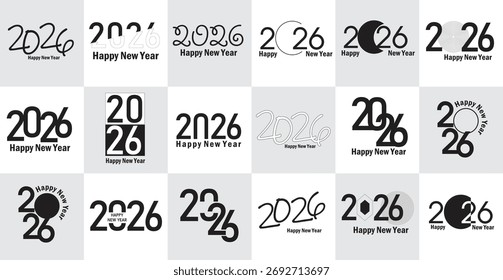 2026 neue Jahr-Set-Logo-Sammlung, neues Jahr-Logo, 2026 Vektor-Logo, Kalenderjahr, 2026 Poster und Flyer 2026 Symbole, schwarz-weißes Etikett